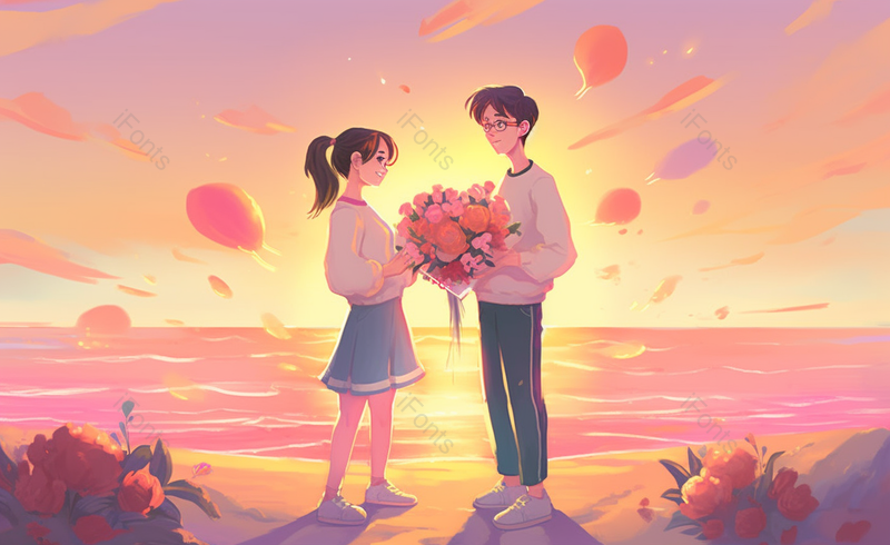 男子拿鲜花送女子520情人节手绘场景,插画/手绘图,插画/手绘图库,插画/手绘图下载,插画/手绘